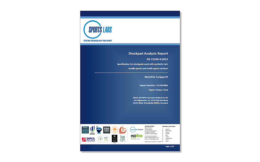 Rapport d'essai de la couche élastique REGUPOL turfpad SP certifiée selon EN 15330-4